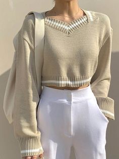 Striped Trim Drop Shoulder Crop Sweater Apricot Casual  Long Sleeve Knitwear Plain Pullovers Slight Stretch  Women Clothing, size features are:Bust: ,Length: ,Sleeve Length: Casual Beige Long Sleeve Cropped Sweater, Beige Long Sleeve Cropped Sweater, Casual Beige Cropped Long Sleeve Sweater, Beige Long Sleeve Cropped Sweater Casual, Knitted Cotton Long Sleeve Cropped Sweater, Beige Knit Long Sleeve Cropped Sweater, Beige Knitted Long Sleeve Cropped Sweater, Beige Long Sleeve Knitted Cropped Sweater, Beige V-neck Cropped Sweater Casual