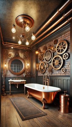 an old fashioned bathtub in a bathroom with gears on the wall and wooden floors