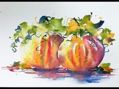 watercolor painting of three oranges with green leaves on top and one red apple in the middle