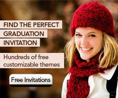 a woman wearing a red hat and scarf with the words find the perfect graduation invitation hundreds of free customizable themes