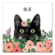 a black cat with green eyes surrounded by pink flowers and greenery on a white background