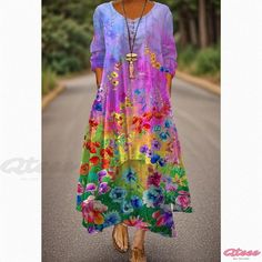 Qteee - Loose-Fit Long Sleeve Printed Maxi Dress with Pullover Design Casual Crew Neck Spring Dress, Casual Crew Neck Dress For Spring, Multicolor Crew Neck Dress For Fall, Casual Multicolor Long Sleeve Dresses, Casual Multicolor Dresses For Fall, Fall Multicolor Crew Neck Dress, Multicolor Crew Neck Dress For Spring, Multicolor Crew Neck Spring Dress, Purple Crew Neck Dress For Spring