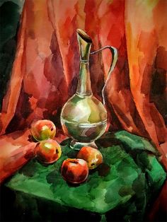 a painting of apples and a pitcher on a green tablecloth with oranges in the background