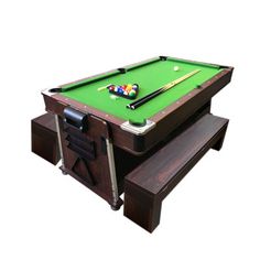 a pool table with two benches underneath it