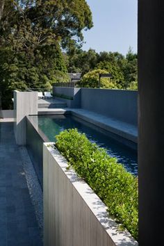 an outdoor swimming pool surrounded by greenery and concrete walls with trees in the background