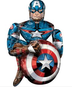 an inflatable captain america balloon sitting on top of a ballon with his arms crossed