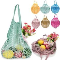 two bags with handles are shown next to some flowers and fruit in the same bag