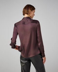 A versatile loose fitted shirt in silk satin with a hidden placket front for a clean finish. Purple Semi-stitched Cotton Silk Blouse Piece, Purple Silk Shirt, Sleek Silk Shirt With Button Closure, Single-breasted Silk Outerwear With Long Sleeves, Silk Button-up Blouse With Hidden Closure, Fitted Shirt, Knitwear Tops, Silk Satin, Shoe Collection