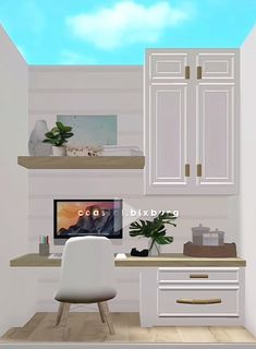 a computer desk and chair in a room with white cupboards on either side of it