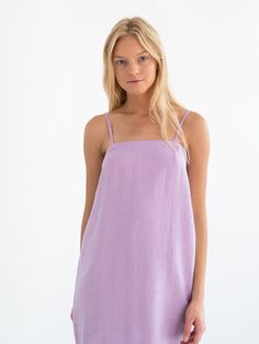 "VIOLET is an an effortless throw-on slip dress that falls just above knees. DETAILS - Square neckline - Spaghetti straps - Elastic back - Oeko-Tex certified 100% local washed midweight linen - Cut and sewn to order just for you in our studio COLOR - Lilac, you can also choose other colors above - Fabric samples are available here https://www.etsy.com/listing/586569696/linen-fabric-samples SIZING & FIT - Fits true to size - Length (shoulder to hem) is approximately 86 cm / 34 inches - Measur Beach Cami Mini Dress, Solid Cami Mini Dress For The Beach, Beach Dresses With Straight Neckline And Straps, Purple Summer Dress With Straps, Purple Summer Dresses With Straps, Purple Strapped Dresses For Summer, Summer Purple Dress With Straps, Purple Strap Dresses For Summer, Casual Strapped Mini Dress For Daywear