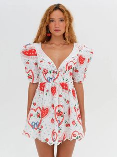 Daisy Mae Mini Dress — White | For Love & Lemons Vintage V-neck Mini Dress For Summer, Summer Ruched Dress With Heart-shaped Neckline, Summer Dress With Ruched Heart-shaped Neckline, White Mini Dress With Heart-shaped Neckline For Summer, Retro V-neck Mini Dress For Summer, Casual Spring Dress With Heart Print, Red Spring Dress With Heart-shaped Neckline, Spring Heart Print Mini Dress, Retro Summer Dresses With Puff Sleeves