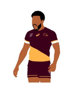 a man with a beard wearing a maroon and yellow rugby uniform, standing in front of a white background