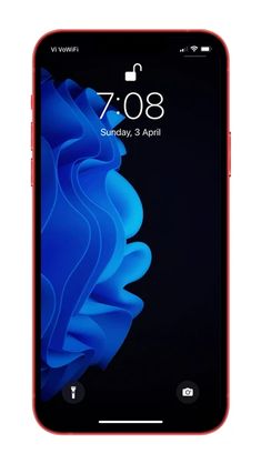 the red iphone is shown with an image of blue waves on its back and side