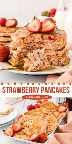 stack of strawberry pancakes with strawberries on top