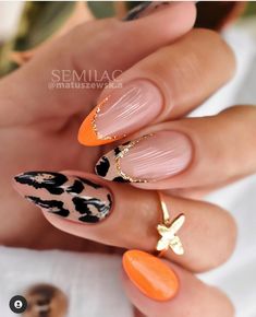 Nude Nail Designs Summer, Orange And Leopard Nails, Fun Almond Nail Designs, Nail Magic, Orange Nail Designs, Her Nails