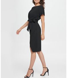 Kensie Textured Knit Boat Neck Tie Waist Short Sleeve Blouson Dress | Dillard's Fitted Dress With Belt For Date Night, Elegant Midi Dress With Tie Fastening, Fitted Midi Length Dress With Belt, Elegant Short Sleeve Midi Dress With Tie Waist, Chic Short Sleeve Dress With Tie Fastening, Chic Dress With Tie Fastening And Short Sleeves, Chic Tie-back Dress For Work, Midi Length Tie Waist Dress For Party, Chic Tie Waist Dress For Party