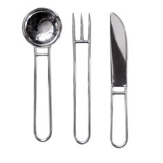 three forks, two knives and a spoon on a white background