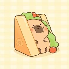 a cartoon bear with a green blanket on it's head is peeking out from behind a piece of bread