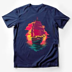 Vibrant Sailing Ship T-Shirt, Colorful Nautical Graphic Tee, Sunset Sea Adventure, Unisex Clothing Gift Male T-Shirt Custom graphic T-Shirt.Customize your color