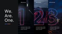 we are one brochure with neon numbers and cityscape in the background