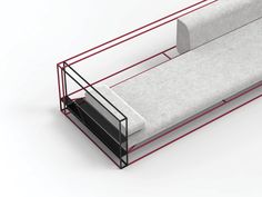 a white couch sitting next to a metal shelf