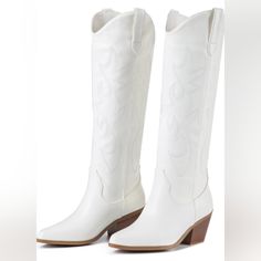 Women's Cowboy Boots Knee High Seam Mid Heel Block Heel Almond Pointed Toe Fashion Classic Cowgirl Boots Slip-On About This Item Material.These Pull-On, Wide-Leg Cowboy Boots Feature A Faux Leather, Rubber Sole, Chunky Mid-Heel, Rubber Insole And Fully Lined Breathable Mesh For Long-Lasting Comfort And Easy On And Off. Design:With A Beautifully Embroidered Pattern, Almond-Shaped Toe, And Appropriate Heel Height (2.56inch), This Perfect Boot Allows You To Add Extra Height Without Any Discomfort. Classic Cowgirl, White Cowgirl Boots, Women's Cowboy Boots, Cowboy Shoes, White Cowboy Boots, Diamond Accessories, Almond Shaped, Cowboy Boots Women, White Boots