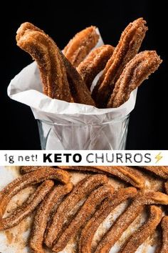 some churros are sitting in a glass on a table with the words keto churros above them