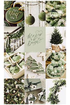 christmas collage with green and white decorations