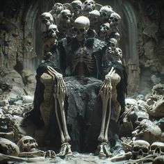 a group of skeletons sitting on top of a chair in a room filled with skulls