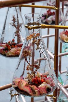 two glass vases filled with flowers and plants