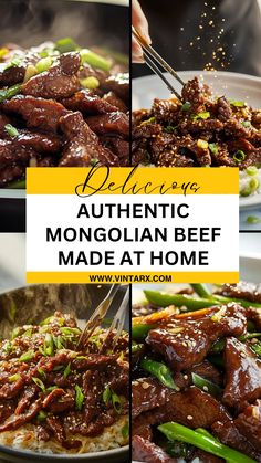 beef and vegetables being cooked in a pan with the words delicious authentic mongolian beef made at home