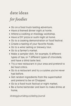 a white poster with the words date ideas for foodies