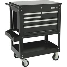 a black tool cabinet with two drawers on wheels