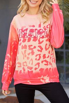 Pink Mama Leopard Print Crew Neck Pullover Sweatshirt Trendy Letter Print Sweater For Spring, Pink Relaxed Fit Top For Leisure, Casual Pink Top For Leisure, Relaxed Fit Sweater For Spring Leisure, Graphic Print Sweatshirt For Spring Loungewear, Spring Graphic Print Sweatshirt For Leisure, Leisure Long Sleeve Sweater With Graphic Print, Graphic Print Long Sleeve Leisure Sweater, Leisure Long Sleeve Graphic Print Sweater