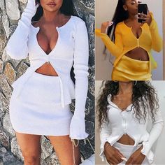 four different pictures of women in white outfits and one is wearing a yellow top with cutouts on the sides