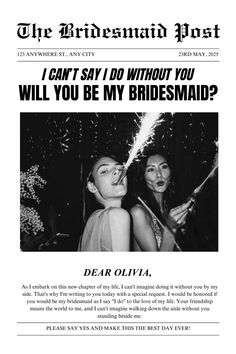 an advertisement for the bridesmaid party with two women kissing and one man holding a knife