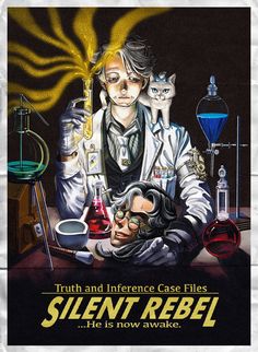 a poster with an image of a scientist and cat