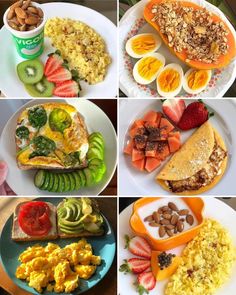 several pictures of different types of food on plates and in bowls, including eggs, avocado, strawberries, toast, fruit, nuts, and yogurt