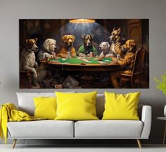 the dogs are playing cards at the table in front of the painting on the wall