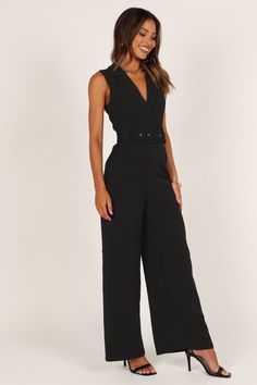 DETAILS    Are you looking for a classic wide leg style jumpsuit that is sure to turn heads? Look no further than this collared, v-neckline jumpsuit. It has an invisible back zip and functional pockets with belt loops and a detachable belt with buckle that will add the perfect finish to your look.   wide leg style jumpsuit  collared  v neckline  back invisible zip  functional pockets  belt loops  detachable belt with buckle  lined   material - 97% polyester / 3% spandex    SIZING    model is 5' Look Wide Leg, Petal And Pup, Belt With Buckle, Belted Jumpsuit, Style Jumpsuit, Black Tie Wedding Guests, White Dress Shoes, Belt Jumpsuit, Bachelorette Party Outfit