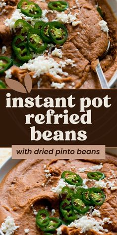 Simplify dinner with these Instant Pot Refried Beans! Made with dried pinto beans, this no soak recipe creates fat-free beans that are flavorful, creamy, and perfect for tacos or burritos. These easy homemade beans are made from scratch and healthier than canned.