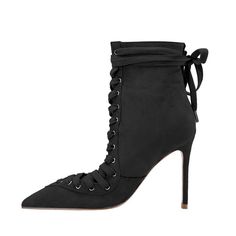 Stiletto Heel Lace Up Suede Upper Heel Height: 9 cm / 3.5 inch (Approx.) Shaft Height: 12 cm / 4.7 inch (Approx.) Chic Lace-up Boots With Pointed Toe For Party, Chic High Ankle Lace-up Boots For Evening, Elegant Lace-up Heeled Boots For Night Out, Fitted High Heel Lace-up Boots For Evening, Party Ankle-high Heeled Boots With Wrapped Heel, Chic Evening High Ankle Lace-up Boots, Pointed Toe Lace-up Boots For Winter Evenings, Pointed Toe Lace-up Boots For Evening In Winter, 4-inch Heel Lace-up Party Boots