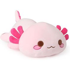 a pink stuffed animal with brown eyes laying on top of it's back legs