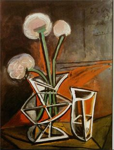 a painting of white flowers in a vase on a brown tablecloth with an orange background