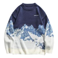 Top Streetwear Brands, Pull Oversize, Embroidery Sweater, Mountain Designs, Graphic Sweaters, Snow Mountain, Moda Vintage, Pattern Sweater, Style Streetwear