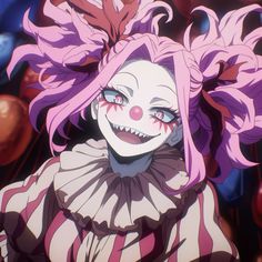 a creepy clown with pink hair and big eyes