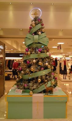 a decorated christmas tree in a shopping mall