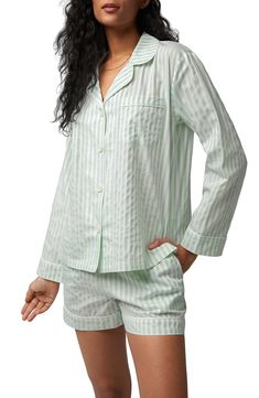 These organic-cotton sateen jammies will have you dreaming sweetly in easy comfort. 27" Regular top length; 3 1/2" inseam; 28 1/2" Plus top length; 3 1/2" inseam Top has notched collar; long sleeves 100% organic cotton Machine wash, tumble dry Imported Spring Sleepwear With Relaxed Fit For Bedtime, Relaxed Fit Sleepwear For Spring Bedtime, Relaxed Fit Spring Sleepwear For Bedtime, Relaxed Fit Green Sleepwear For Spring, Green Relaxed Fit Sleepwear For Spring, Spring Relaxed Fit Pajama Shorts For Home, Green Relaxed Fit Cotton Pajama Shorts, Green Long Sleeve Sleepwear With Relaxed Fit, Green Cotton Pajama Shorts For Sleep