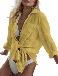 PRICES MAY VARY. Polyester Imported Button closure Hand Wash Only One Size Bikini Cover Up Shirt fit S-XL,Bust:48.8" Shoulder:18.89" Length:32.6" Light weight soft fabric,comfortable loose casual tunic style,Sexy beachwear,swimwear for women Linen Polyester material,Button down shirt blouses tops with collar design Boho stylish wear,when hang,match bathing suit or even a mini-tank dress.when tie up,with shorts,jeans,bikini Swimsuit cover up is good choice for beach,party,daily wear,swimming pool,street Feature:
 Casual loose fit, comfortable to wear
 Adorable lightsome beach cover up
 Trendy style,quality fabric.
 
 Specifications:
 It's flirty. It's chic. It's comfy and it's perfect for travel!
 your sexy collarbone and beautiful shoulder curve loves the elastic off the shoulder neckline Beach White Dress, Casual Beach Wear, Shirt Blouses Women's, Long Sleeve Swimsuit, Bathing Suit Covers, Bathing Suit Cover Up, Beach Shirt, Loose Blouse, Crop Top Blouse