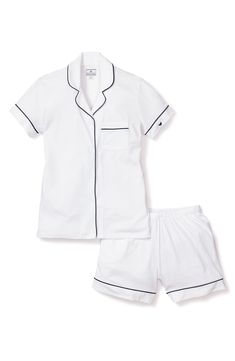 French ticking stripes bring classic charm to these comfy cotton-jersey PJs polished off with smooth piping, a notched collar and chest pocket. Top has front button closure; notched collar; short sleeves; chest patch pocket Shorts have elastic waist 100% pima cotton Machine wash, dry flat Made in Peru Pajama Short Set, Cotton Pajama Shorts, Pajama Short, Short Pajamas, Loungewear Fashion, White Pajamas, Ticking Stripe, Short Pajama Set, Short Set